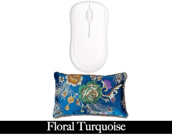 Lavish Comfort Ergonomic Mouse Wrist Rest Pad | Desktop Laptop | Semente de linho | Lavanda opcional | Brocado de cetim/veludo - Floral turquesa