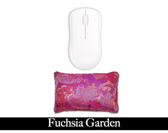 Handmade Ergonomic Mouse Wrist Rest Pad - Desktop Laptop - Flax Seed Fill Optional Lavender Scent - Satin Brocade/Velvet - Fuchsia Garden