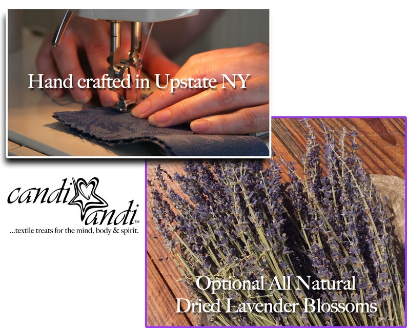 K&ouml;nnte beinhalten: Handgefertigt in Upstate NY, ein lila Lavendels&auml;ckchen mit dem Text "candi vandi...textile treats for the mind, body & spirit." und "Optional All Natural Dried Lavender Blossoms".