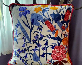 Square Pillow Floral Vintage Print - Removable Cover - Repurposed Cotton Print - Cording Edge Finish