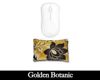 Handmade Ergonomic Mouse Wrist Rest Pad - Desktop Laptop - Flax Seed Fill Optional Lavender Scent - Satin Brocade/Velvet - Golden Botanic