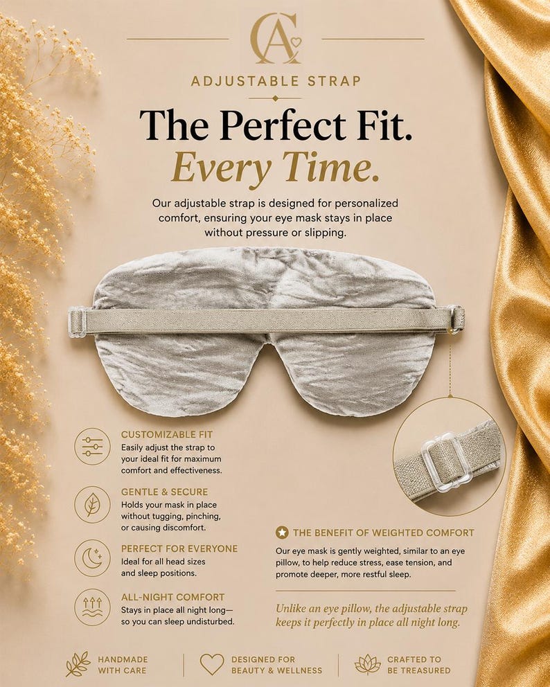Może przedstawiać: Jasnoszara, miękka w dotyku opaska na oczy z regulowanym elastycznym paskiem. Obraz zawiera tekst: ADJUSTABLE STRAP, The Perfect Fit. Every Time., CUSTOMIZABLE FIT, GENTLE & SECURE, PERFECT FOR EVERYONE, ALL-NIGHT COMFORT, THE BENEFIT OF WEIGHTED COMFORT.