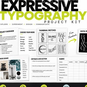Puede incluir: Un kit de proyecto de tipografía expresiva de DesignED Studio que incluye recursos educativos, resumen del proyecto, bocetos, borradores digitales, ejemplos finales, tableros de inspiración, hojas de crítica, rúbricas y ejemplos de trabajos de estudiantes.