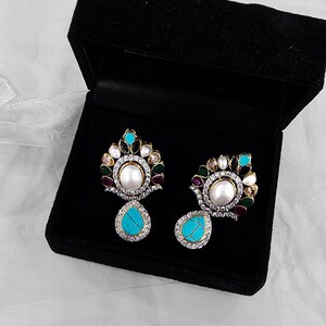 Gold Plated Pearl Earrings with Turquoise, Amethyst & Emerald – Traditional South Asian Jewelry for Festive Occasions