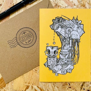 Letra J del alfabeto ilustrada a mano Buscar y encontrar tarjeta de felicitación de celebración