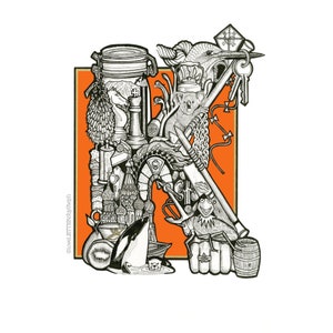 Alfabeto personalizado ilustrado Letra de amor K dibujada a mano Seek & Find Edición limitada Ilustración Impresión
