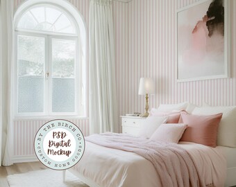 Pink Bedroom Wallpaper Mockup: Smart Object Photoshop Edit
