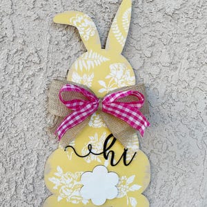 Spring Bunny Porch Hanger, Yellow Floral Vintage Distressed Style, Burlap and Fuchsia Gingham Ribbon, Hi Easter Decor Sign, READY TO SHIP