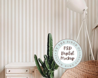 Mockup di carta da parati in stile boho: scena di interior design (modificabile con Photoshop)