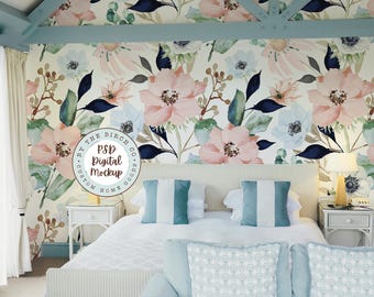 Mockup di carta da parati per camera da letto in stile costiero: design d'interni blu (modificabile con Photoshop)