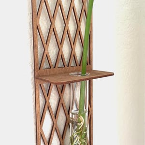 May include: Wooden wall-mounted propagation station with a diamond lattice design. It features a small shelf and a clear glass tube holding a green plant stem. The wood has a warm, natural tone, and the overall aesthetic is minimalist and modern.