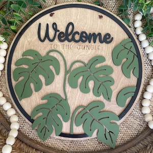 Welcome To The Jungle Front Door Welcome Sign, Monsterra Leaves, Wood Hanging Porch Decor, Gift for New Home