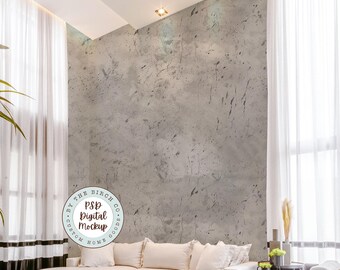 Modern Living Room Wallpaper Mockup: Tall Ceilings, Photoshop Editable