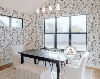 Mockup di carta da parati per sala da pranzo: mockup PSD realistico di una parete interna