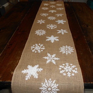 6ft Burlap Winter White Painted Snowflake 14&quot; Wide Table Runner