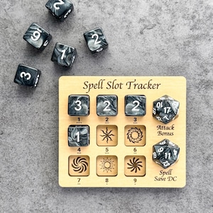 Dice Spell Slot Tracker Tool, TTRPG Caster Board, Wooden Magic Combat Counter with Dice, DnD Accessory Gift for Wizard Sorcerer Cleric