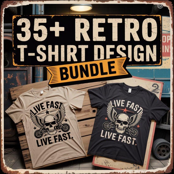 Retro T-Shirt Designs Bundle | Biker, Skull Graphics (Digital Download)