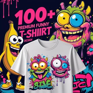 Könnte beinhalten: Weißes T-Shirt mit einer farbenfrohen Grafik von zwei Cartoon-Monstern mit großen Augen und Zungen. Das Shirt ist Teil einer Kollektion von "100+ Premium Funny T-Shirt Design" mit einer Bananen-Cartoon-Figur auf der linken Seite.