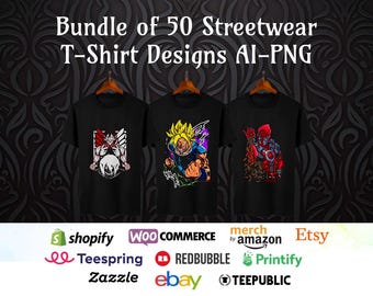 50 Streetwear T-Shirt Designs | Urban Graphics Bundle (Digital Download)