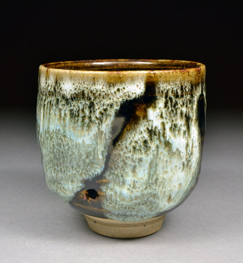 Handmade Tenmoku and Nuka Glazed Yunomi Tea Cup with Unique One of a Kind Glaze finish.