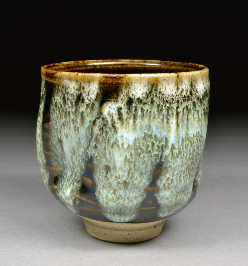 Handmade Tenmoku and Nuka Glazed Yunomi Tea Cup with Unique One of a Kind Glaze finish.