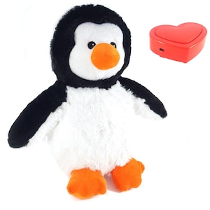 May include: A white and black penguin plush toy with orange feet and beak. The penguin is standing on a white background.