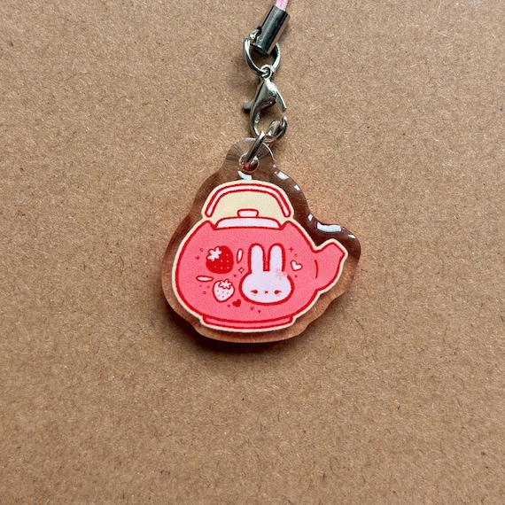 strawberry bunny kyusu teapot acrylic phone charm | cute, bag, journal, gift
