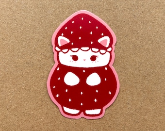 strawberry cat calico critter vinyl sticker | waterproof, cute stickers, laptop, journal, planners, bujo, phone case, water bottle