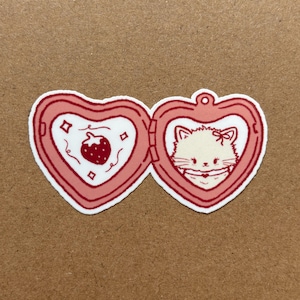 vinyle médaillon chat fraise | imperméable, autocollants mignons, papeterie, fraises, journal intime, chaton, coquette, bujo, saint valentin