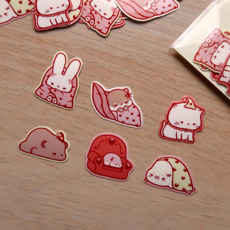 Strawberry Cozy Critter Sticker Flake Pack | Waterproof, Cute Sticker ...