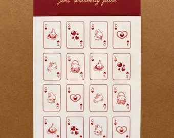 strawberry bunny playing card sticker sheet  | cute sticker, scrapbook, journal, planner, bujo, kindle