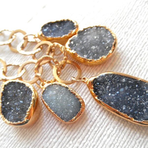 Chunky Black Druzy necklace - gold necklace - black necklace - black drusy - D R U Z Y 072