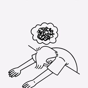 May include: A black and white illustration depicts a person slumped over with arms outstretched, a cloud of scribbled lines above their head. Text reads "You're not lazy - you're overstimulated!" and "Why modern exhaustion isn't a motivation problem."