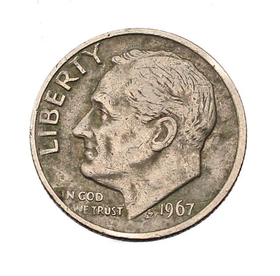 1967年 ルーズベルト ダイム ミントマークなし ヴィンテージ US 10