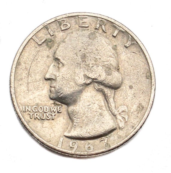 1967年ワシントンクォーター25セント（ミントマークなし）米国