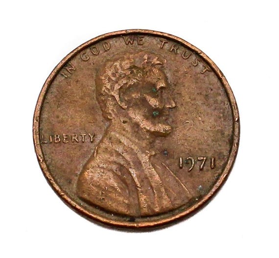 1971年リンカーン記念館ペニー1セント（ミントマークなし）米国