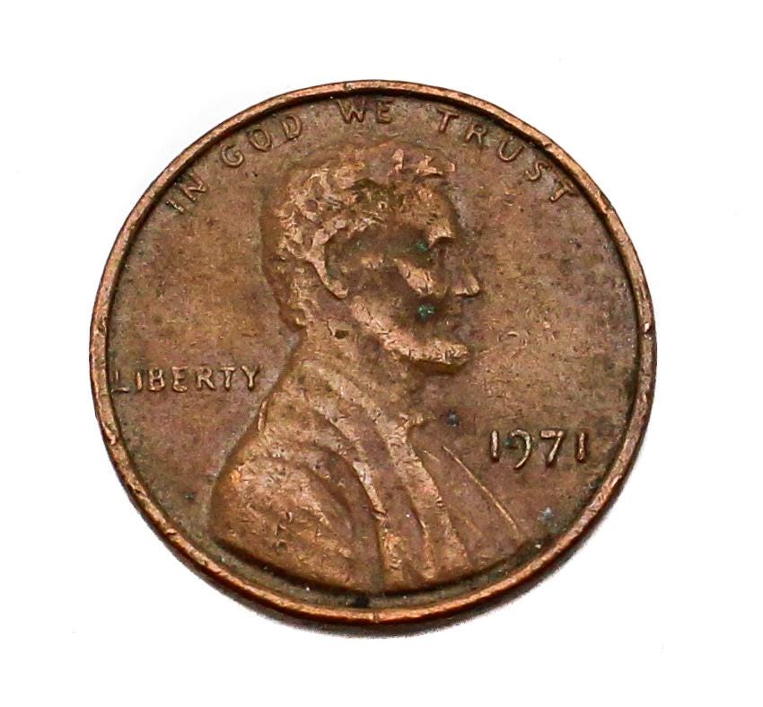 1971年リンカーン記念館ペニー1セント（ミントマークなし）米国