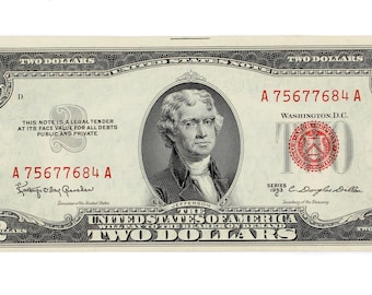 1953 C 2 Two Dollar US Red Seal Jefferson Note Bill Collectable Currency