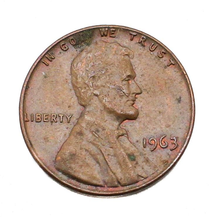 1963年リンカーン記念館ペニー1セント（ミントマークなし）米国