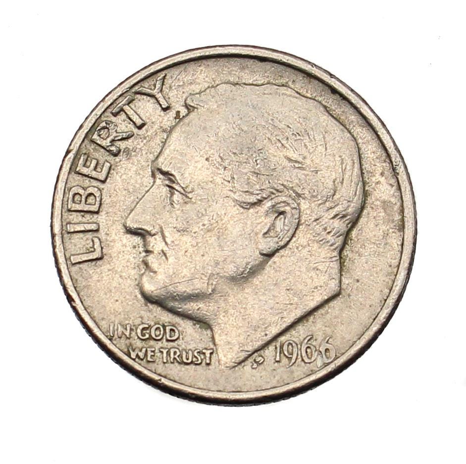 1966年ルーズベルト・ダイム（ミントマークなし）流通米国10セント