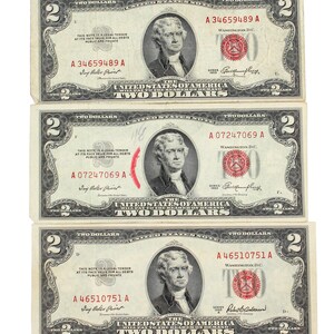 Lot of 1953-A, 1953 Two Dollar US Red Seal Note Bill Collectable Currency