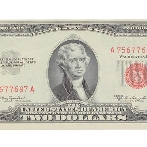 1953 C 2 Two Dollar US Red Seal Note Bill Collectable Currency A 75677687 A