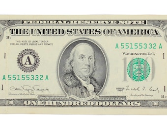 1990 100 One Hundred Dollar Bill Federal Reserve Note BOSTON Currency Crisp A 55155332 A