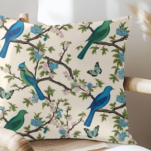 Chinoiserie Floral Birds Cushion Cover, Decorative Birds Pillow Cover Accent, Interior Decor, Asian Inspired Home Decor, Bird Design