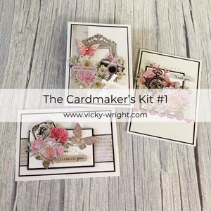 May include: Three handmade greeting cards with floral and butterfly decorations. One card says "Happy Birthday," another says "Thank you," and the third says "Celebrate you." The cards are part of "The Cardmaker's Kit #1."