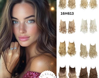 Extensión de alambre, extensiones de cabello sintético con clip para mujeres, extensión de cabello oculta con línea ajustable, extensiones de cabello con halo de una pieza.