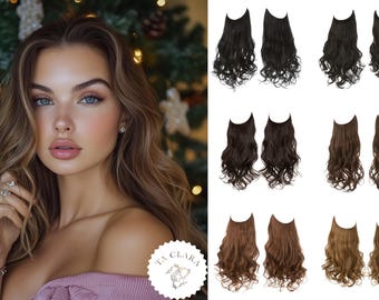 Extensión de alambre, extensiones de cabello sintético con clip para mujeres, extensión de cabello oculta con línea ajustable, extensiones de cabello de una pieza Halo.