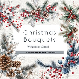 Conjunto de clipart de Natal: 8 buquês de aquarela para projetos festivos em alta resolução