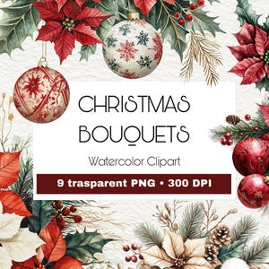 9 imágenes prediseñadas de ramos de Navidad en acuarela - PNG transparentes festivos para manualidades y diseños navideños (300 DPI)