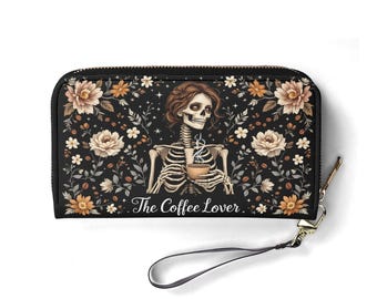 Coffee Lover Wallet, Floral Skeleton Print, Vegan Leather Zip Around